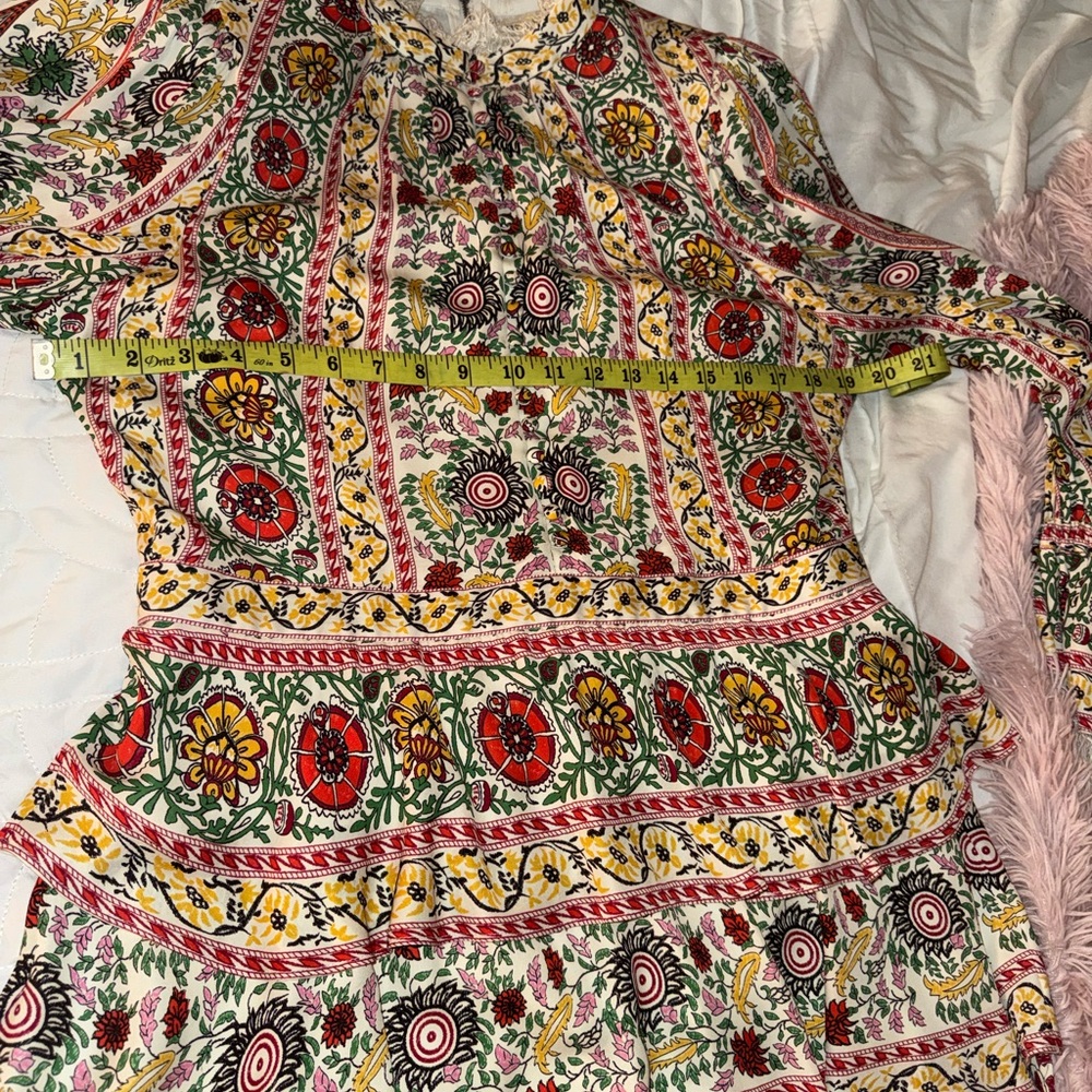 Alice + Olivia Lawson Floral Tiered Dress Green and Cream Mock Neck Dress Sz L - Picture 8 of 16